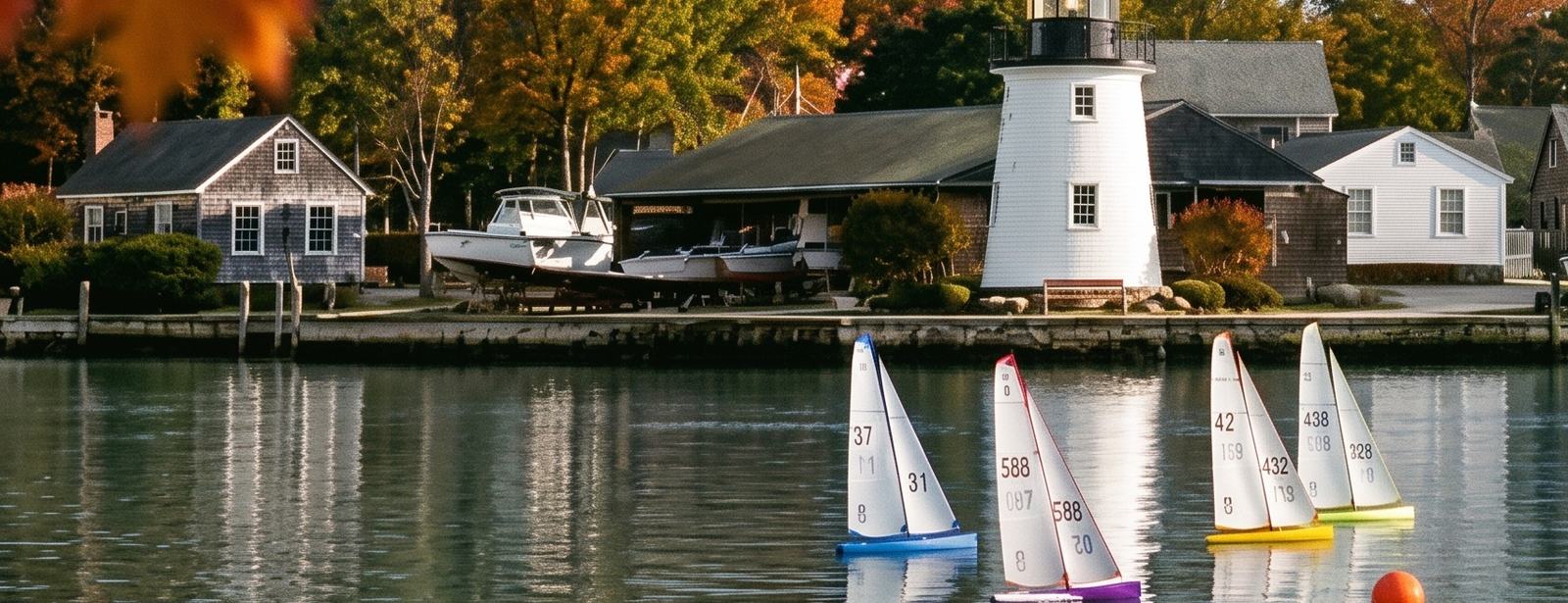 Six radio controlled sailboats on the water in autumn, with the boat sheds, shingled buildings and a tall white tower on the far bank behind them